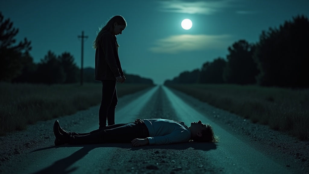 The scene depicts a dramatic moment on a lonely dirt road. A girl stands over a sheriff who lies lifeless on the ground. The moon shines brightly overhead, casting a ghostly glow on the scene. The girl's expression is one of horror and disbelief, with her hands trembling at her sides. The quiet surroundings add to the eerie atmosphere of the moment, making it feel heavy with silence and tension.