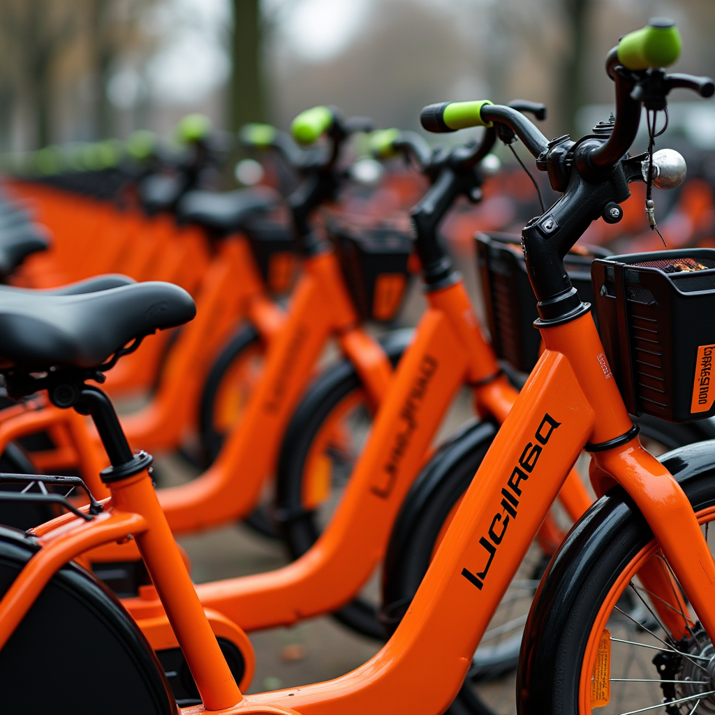 A row of bright orange bicycles lined up neatly, ready for use in a city bike-sharing program.