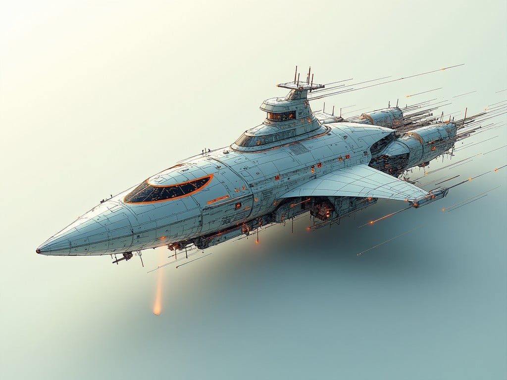 This image presents an abstract depiction of a Solid State Navigation Microship, showcasing its sleek and futuristic design. The microship features a streamlined hull with intricate details and technological elements. Its color palette combines soft white and grey tones with striking orange accents, giving it a cutting-edge feel. The illustration captures the essence of advanced space travel and engineering innovation. The background appears ethereal, emphasizing the microship's unique design and purpose.