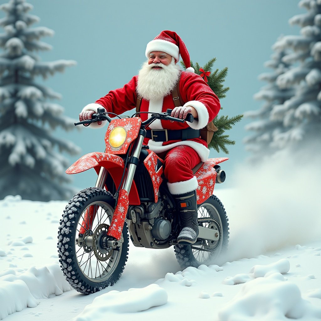 This image features a festive scene with Santa Claus riding a dirt bike. He is dressed in his classic red suit, complete with a white beard. The bike is decorated with holiday motifs, making it perfect for the Christmas season. The snowy landscape around him adds to the winter adventure theme. It's a fun and whimsical depiction of Santa enjoying a ride in the snow.