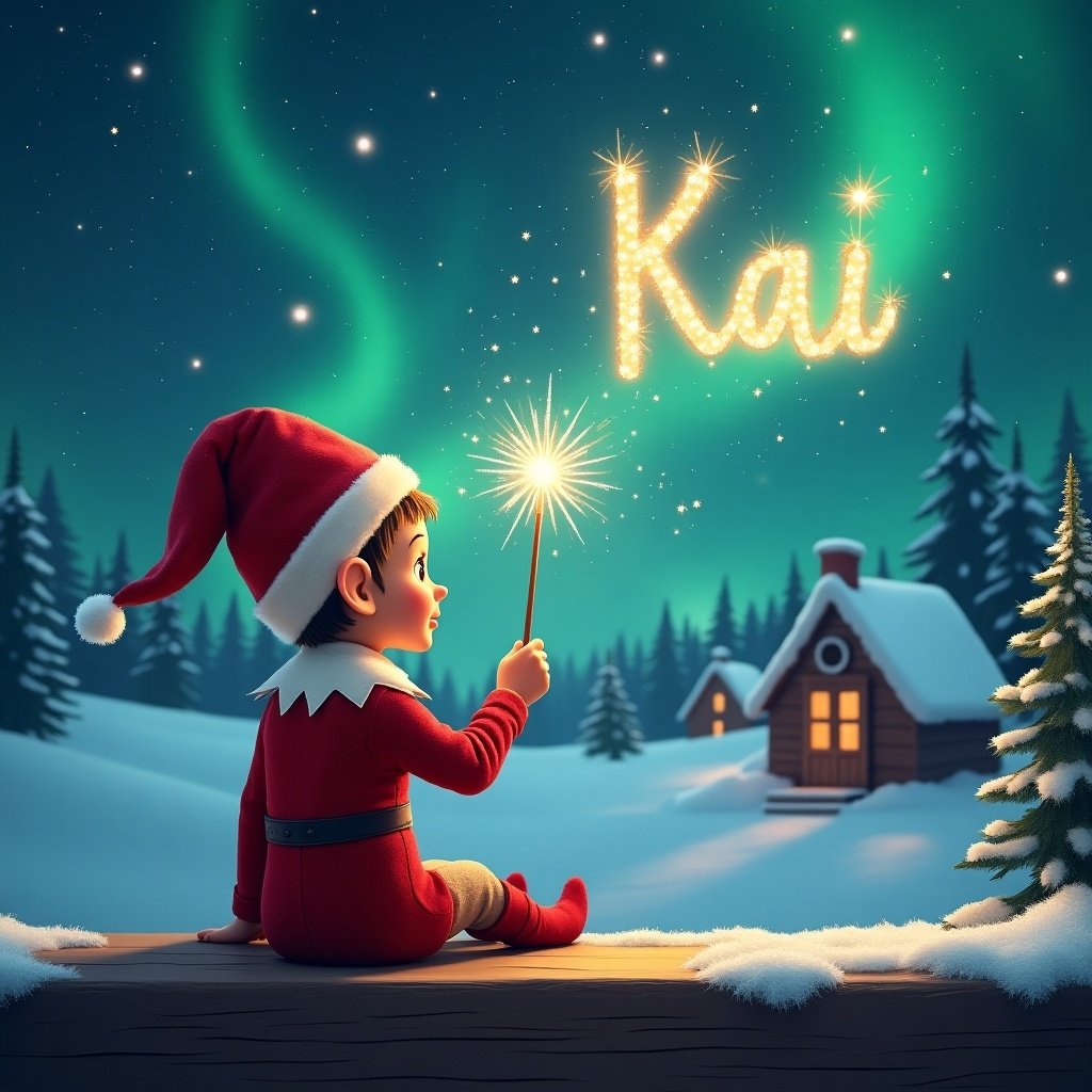 An elf sits on a wooden ledge with its back to the camera, gazing at a magical sky. The elf is dressed in a red outfit with a pointed hat, holding a sparkling wand. With the wand, the elf elegantly writes the name 'Kai' in the starry sky. The background features a snowy landscape with charming little houses and evergreen trees under the shimmering Northern Lights. This whimsical scene captures the essence of childhood magic and Christmas cheer.