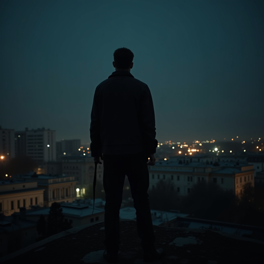 A silhouetted figure stands on a rooftop overlooking a city at night.