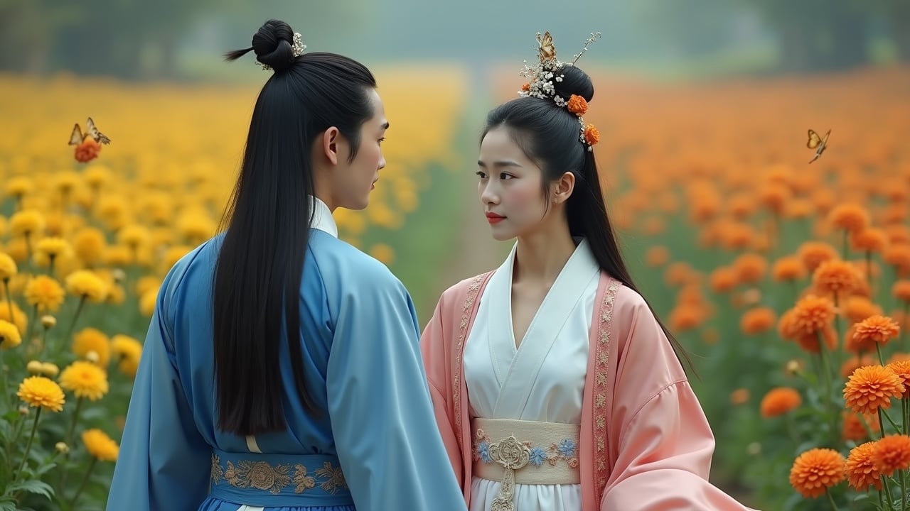 This image depicts a romantic scene in a lush, colorful flower field. Two characters, dressed in traditional attire, are gazing at each other with affection. The setting includes vibrant yellow marigolds contrasting with their costumes. The soft lighting creates an ethereal quality, making it feel like a moment from a historical drama. Butterflies can be seen fluttering in the background, adding to the enchanting atmosphere. This composition captures a beautiful interaction between the couple, showcasing romance and cultural richness.