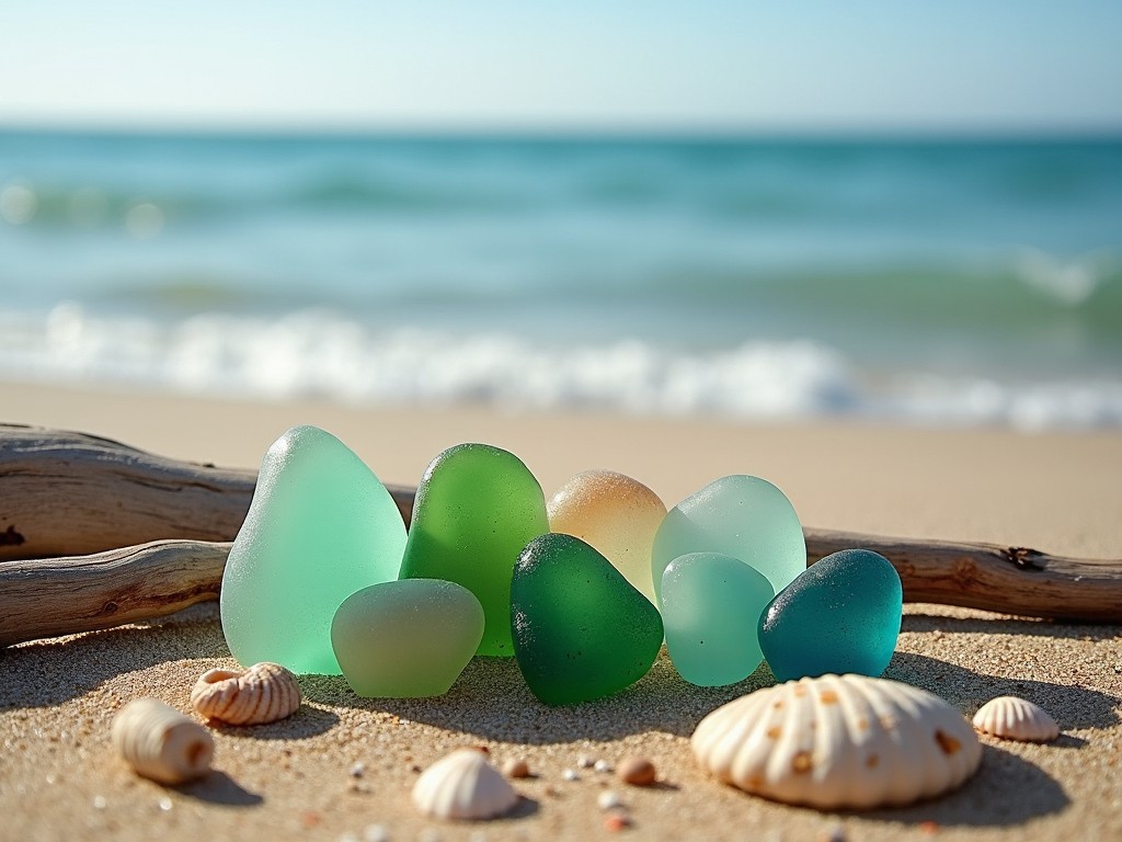 This image captures a serene beach scene showcasing a collection of colorful sea glass. Various shades of green, blue, and beige glass pieces are artistically arranged on the sandy shore. Smooth seashells accompany the glass, creating a natural and decorative feel. The gentle waves in the background and the blurred horizon provide an inviting coastal atmosphere. Soft, natural daylight emphasizes the uniqueness of each glass piece, reflecting a sense of tranquility and beauty.