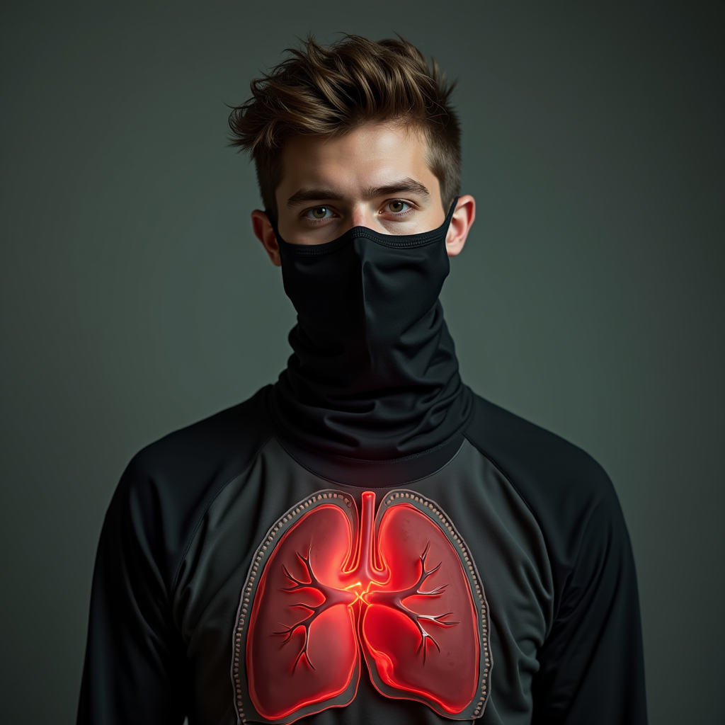 A person wears a dark mask and shirt with glowing red lungs design on the chest.