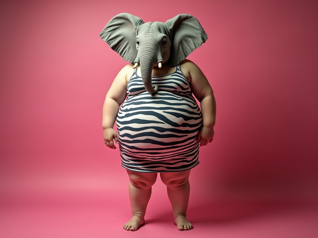 This whimsical image features a person wearing an elephant mask and a zebra-striped outfit, set against a bright pink background. The juxtaposition of animal patterns and the playful costume creates a surreal and humorous visual effect. This creative fusion highlights themes of identity and transformation, evoking curiosity and amusement.