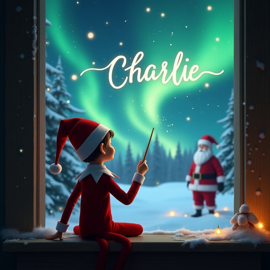 An enchanting scene captures an elf on the shelf as he sits with his back to the viewer, facing the captivating northern lights. He holds a wand, magically writing the name 'Charlie' in the sky. The background showcases a winter wonderland, with snow-covered trees and a cozy cabin. In the distance, Santa Claus stands, adding to the magical atmosphere. Soft, warm lighting enhances the whimsical feel, perfect for the holiday season.