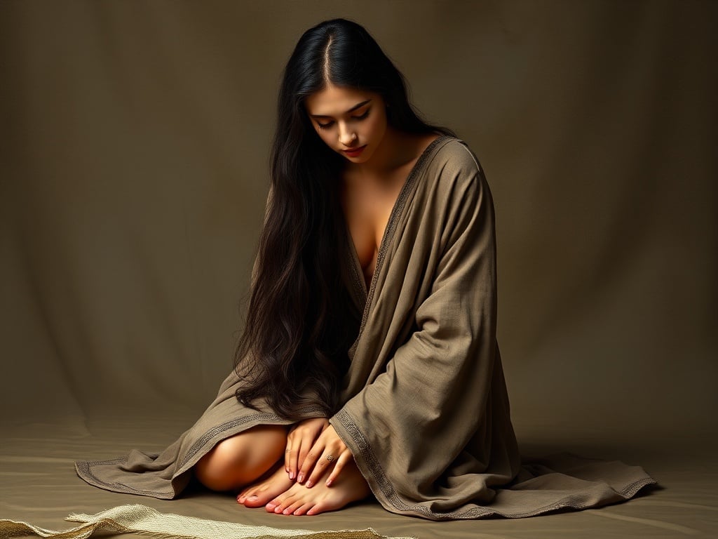 A serene portrait captures a woman sitting contemplatively on the floor with her long, dark hair cascading over her shoulders. She wears a modest taupe robe that drapes elegantly around her. The backdrop is a soft, neutral brown that complements the calming atmosphere of the image.