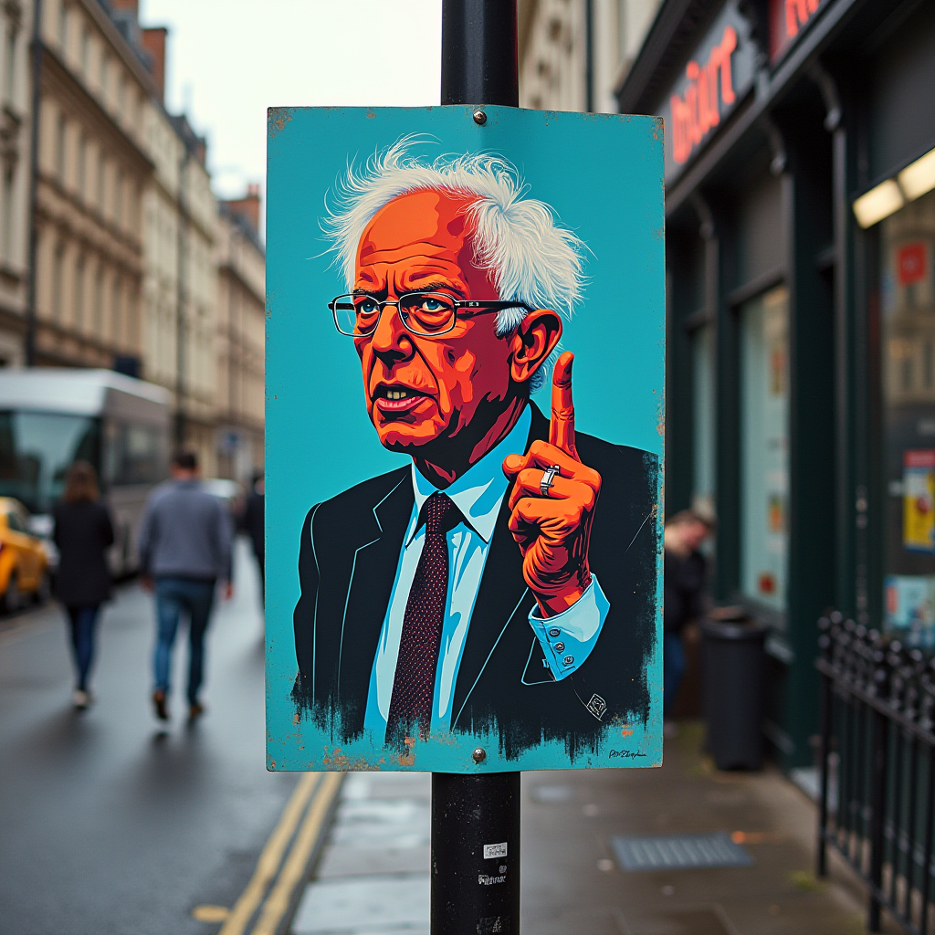 A vibrant piece of street art depicting an elderly man with expressive features, captured against a bustling urban backdrop.