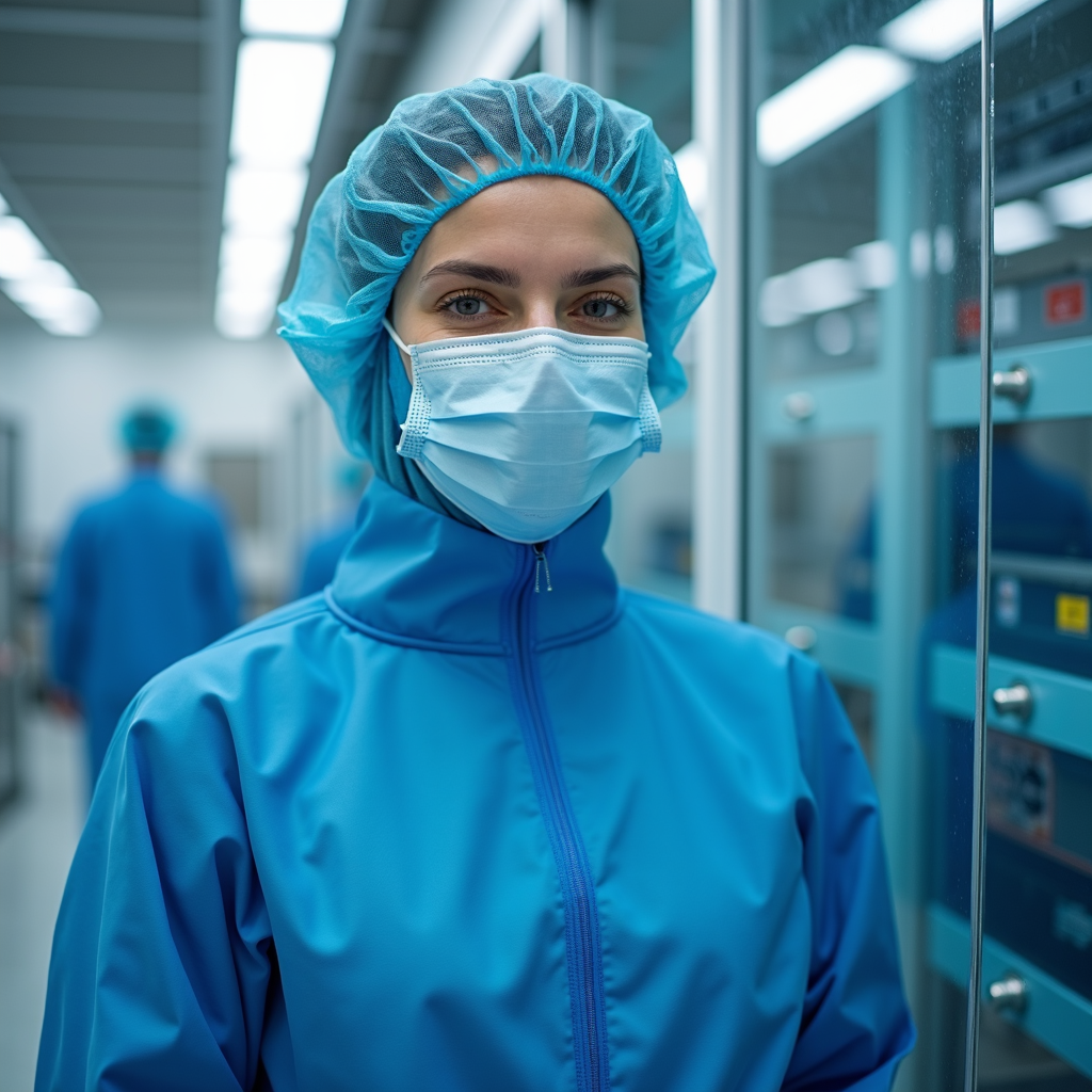 A person wearing full protective gear, including a blue cap and surgical mask, stands in a clean, professional setting.