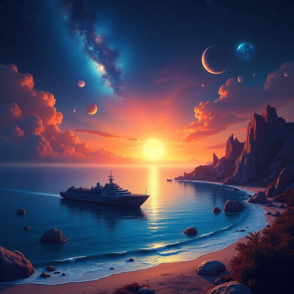 This artwork depicts a stunning imaginary landscape set in outer space. The scene features a sea bay with a moored alien ship, in a dramatic sunset that transitions from deep blues to vibrant oranges across the horizon. Surrounding the area, nebulas and planets float majestically in a dark starry sky. The overall vibe of the piece combines elements of psychedelic art with themes of futuristic space exploration and spiritual energy. It invites the viewer to immerse themselves in a world where the majestic beauty of the cosmos meets imaginative artistry.