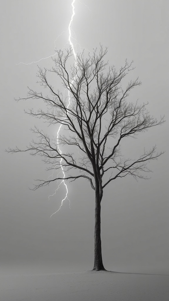 This captivating image features a barren tree standing solitary in a minimalistic landscape, dramatically intersected by a vivid lightning bolt. The scene is infused with a monochromatic palette, creating an ethereal and intense atmosphere. The composition highlights the stark contrast between the delicate branches and the raw power of the lightning.