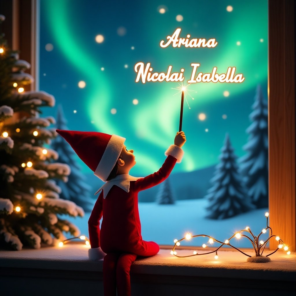 This image depicts an enchanting Christmas scene featuring an elf on the shelf. The elf is dressed in vibrant red and white and is seated with his back to the viewer. He holds a magic wand and writes names in glowing letters in the sky. The backdrop is adorned with beautiful northern lights, enhancing the magical feel of the scene. Festive lights twinkle around, adding to the ambiance of joy and celebration. This portrayal captures the whimsical spirit of Christmas and the excitement of the holiday season.