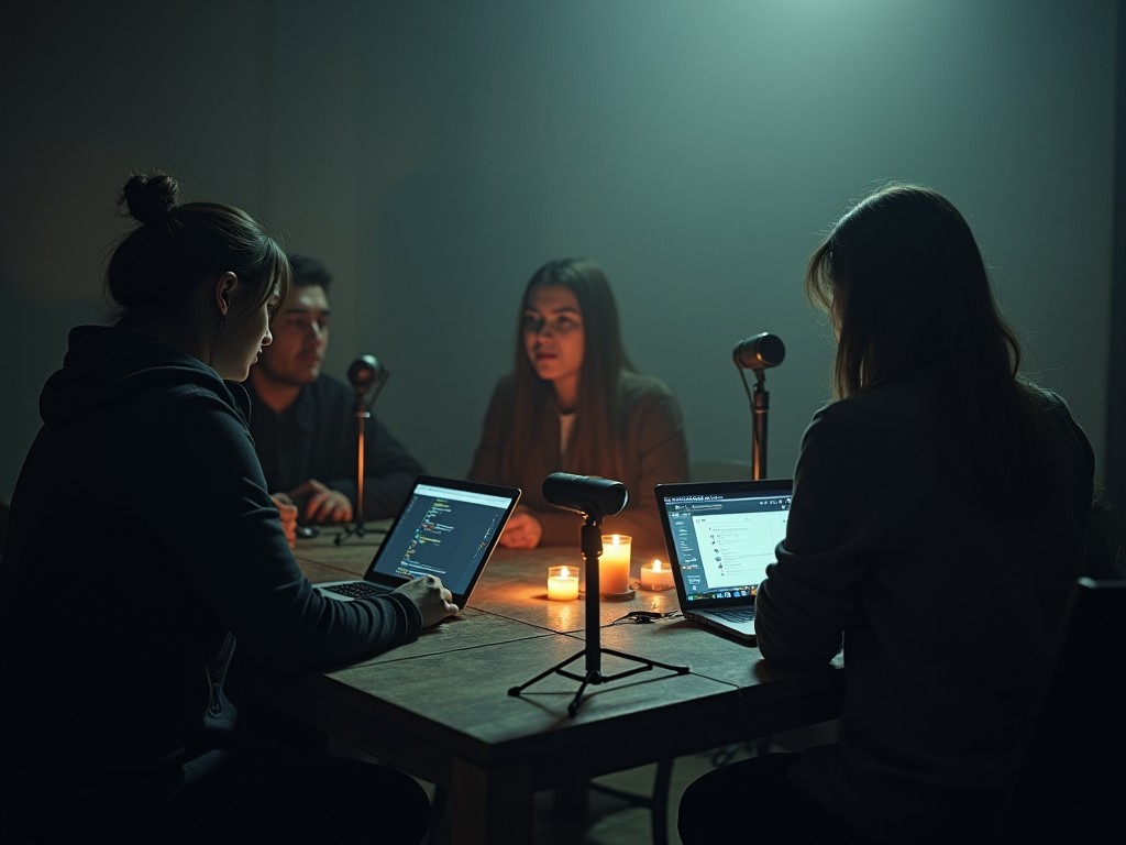 A group of four individuals sits around a wooden table, engaging in a serious discussion. Two of them are focused on laptops, while one speaks. The atmosphere is dimly lit, enhanced by soft candlelight. Microphones are placed in front of each person, indicating a podcast or recording session. The participants appear deeply engaged in the dialogue, showcasing a blend of technology and traditional communication methods. The background is subtly blurred to emphasize the group and the table's details.