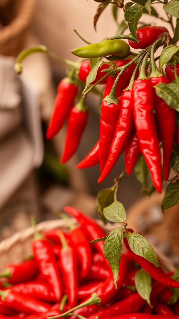 This image features a vibrant cluster of red chili peppers hanging from a plant. The peppers are glossy and elongated, with one striking green pepper amidst the red ones, creating a vivid contrast. In the background, more red peppers are visible, showcasing a rich harvest of these fiery delights.