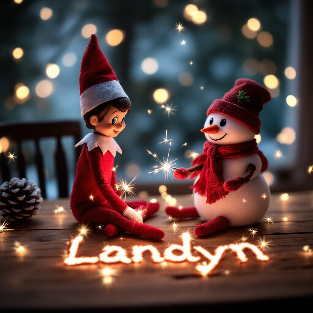 A cheerful elf on the shelf and a cute snowman are playing together during the Christmas season. They are sitting on a wooden table, surrounded by twinkling lights. The elf is wearing a classic red and white outfit, while the snowman has a friendly smile and a red scarf. Both characters are intently focusing on a set of sparkles that they are arranging to spell the name 'Landyn'. It’s a warm, inviting scene that captures the holiday spirit.