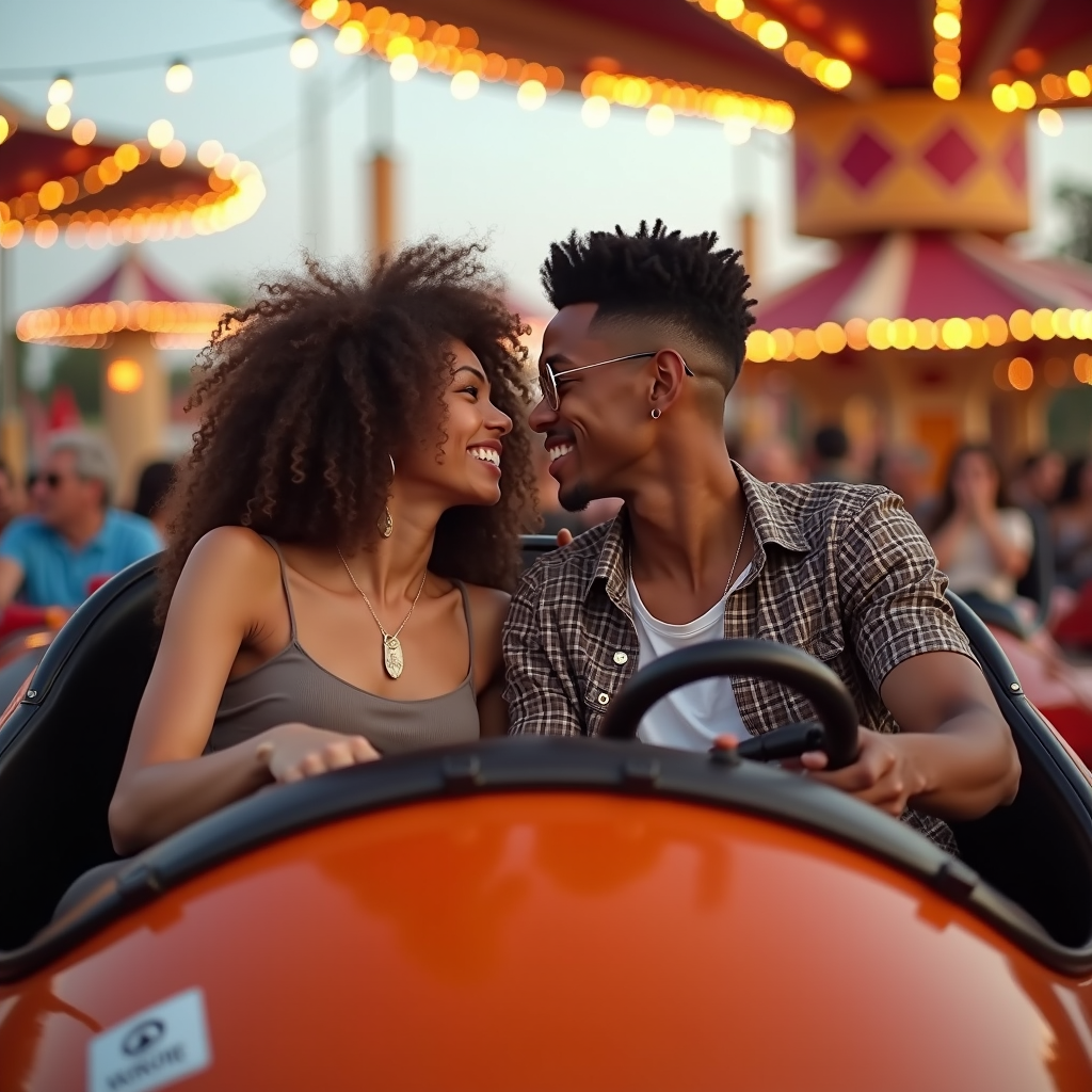 A couple shares a joyful moment together on a carnival ride, surrounded by lights and excitement.