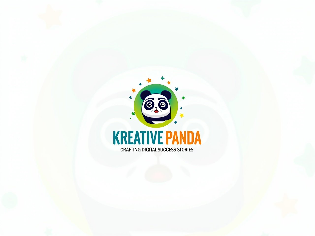 The image showcases a playful logo featuring a cartoon-style panda face. The panda has large, expressive eyes with a fun swirl design inside them, giving it a whimsical appearance. It is framed by a circular design with a gradient background that transitions from green to blue. The logo includes elements like small stars and circles, enhancing its creative flair. Below the panda, the text reads "Kreative Panda" in vibrant colors, followed by the tagline "Crafting Digital Success Stories." The overall design conveys a sense of creativity and friendliness.