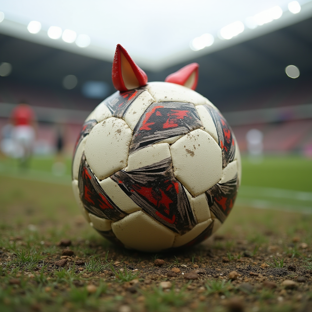 A creatively altered soccer ball with red devil horns on a football field, capturing the atmosphere of a lively stadium setting.