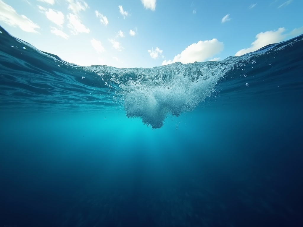 A serene underwater view of a wave, with sunlight piercing through and creating a beautiful interplay of light and shadow.