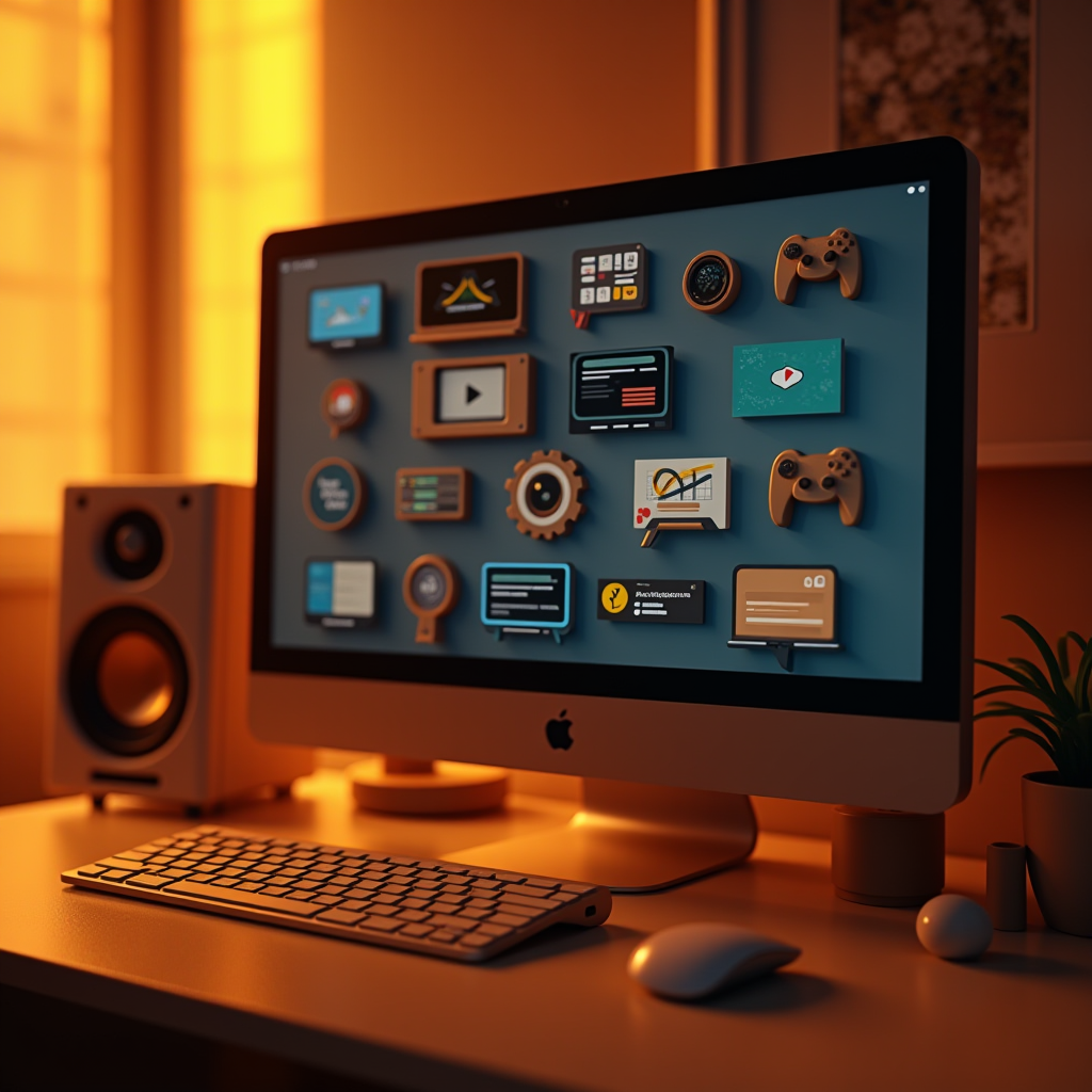 A computer monitor displays colorful icons, surrounded by a keyboard, mouse, and speakers on a desk in warm evening light.