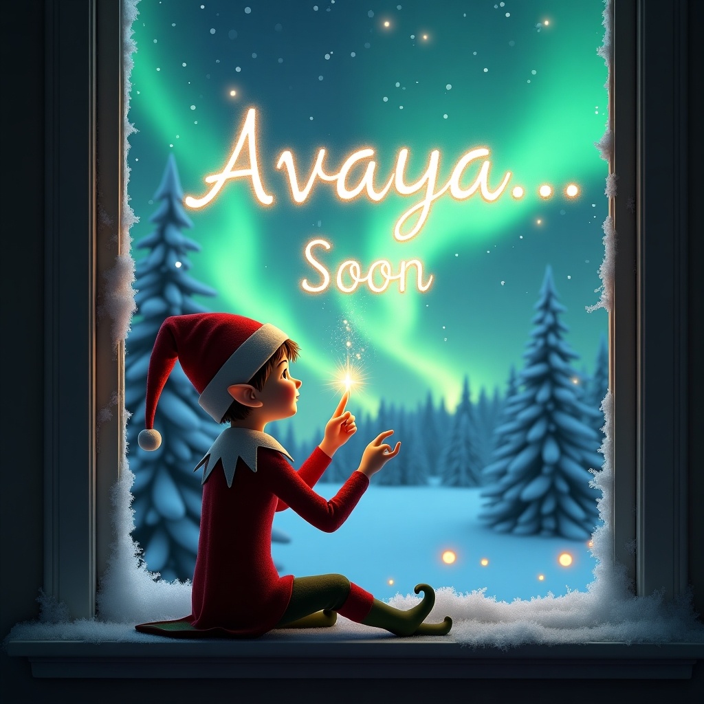 An elf sits on a window sill during winter with the northern lights illuminating the background. The elf is playfully using a wand to write 'Avaya... Soon' in the sparkling sky. Snow-covered trees are visible, adding to the winter wonderland vibe. The atmosphere is enchanting and festive, perfect for the holiday season. The elf has a whimsical expression, reflecting the joy of the season and magic of childhood.