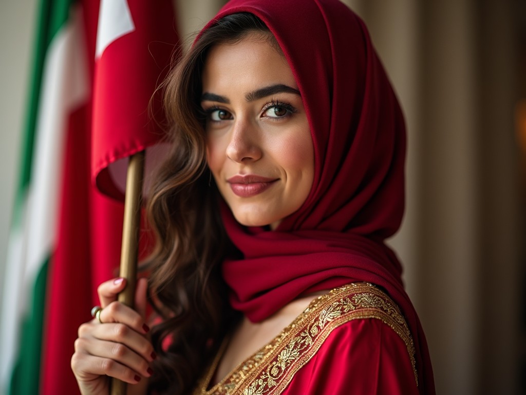 The image features a woman elegantly dressed in a traditional outfit, holding a flag. She has a warm smile, wearing a red headscarf that complements her attire. The background hints at a cultural setting with soft lighting. This image captures the essence of cultural pride and celebration. Her poised expression reflects confidence and grace.