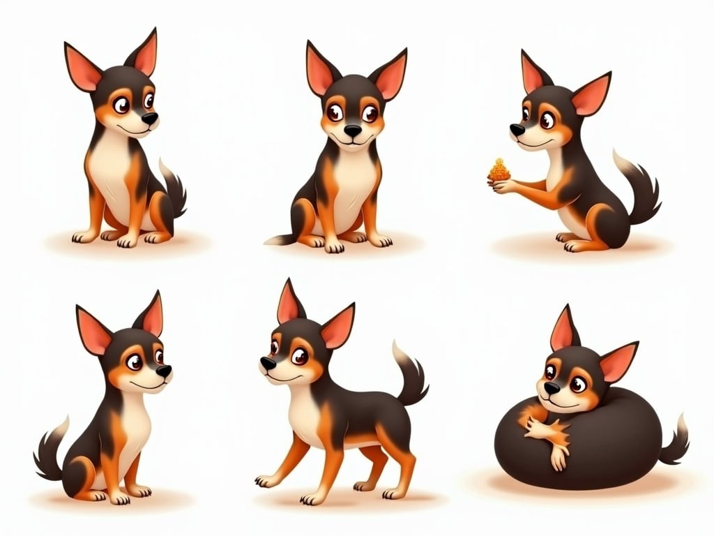 A cute cartoon dog depicted in various playful poses, showcasing an animated and delightful character, suitable for children's illustrations.