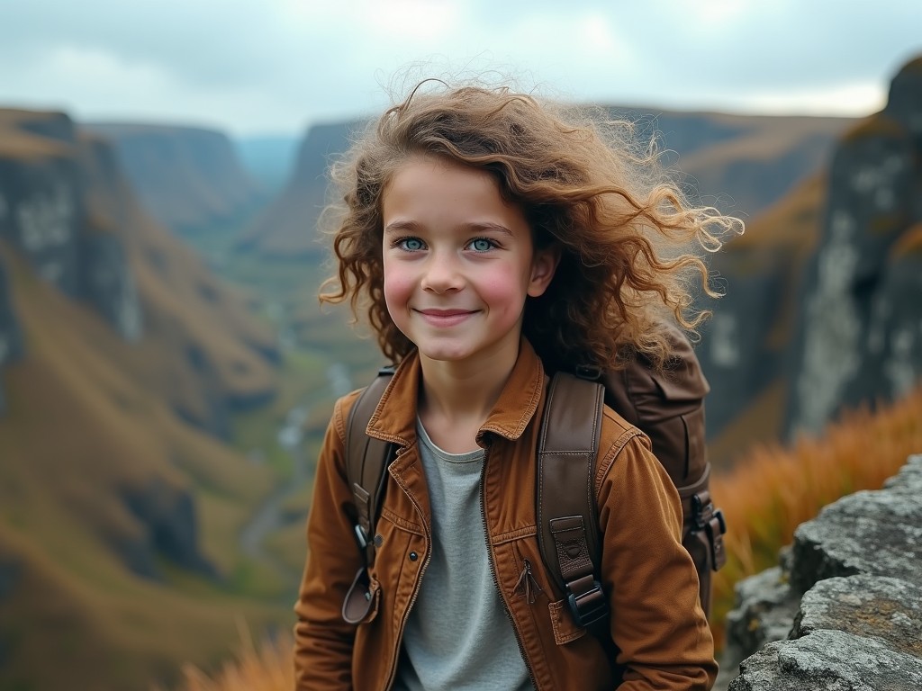 A child with curly hair wearing a backpack smiles at the camera in a beautiful mountainous landscape.