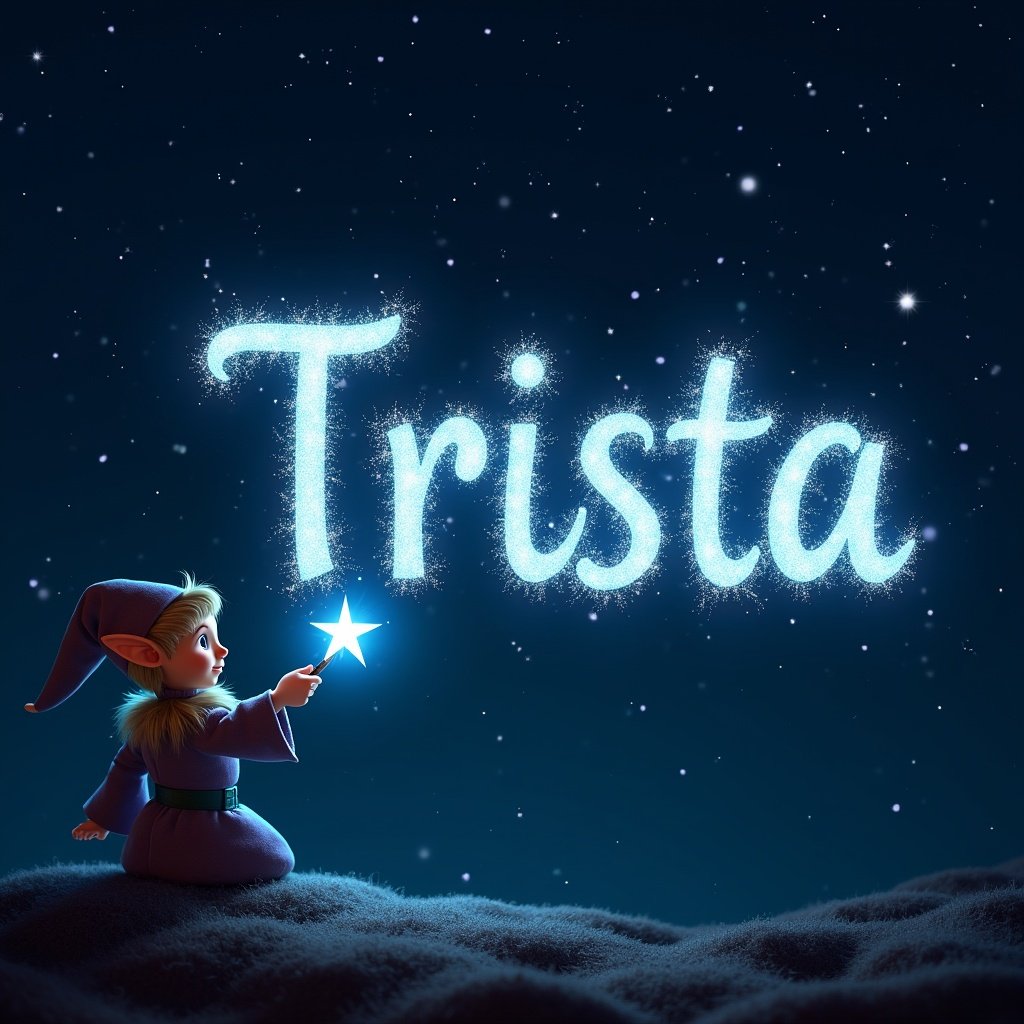 An elf is using a magical wand to write names in sparkling text against a starry night sky. The name Trista is elegantly crafted with a glowing effect. The background is dark, allowing the white and light blue letters to stand out vividly. The scene conveys a sense of magic and wonder, resembling a whimsical fairy tale. It captures the imagination, inviting viewers into a fantasy world.