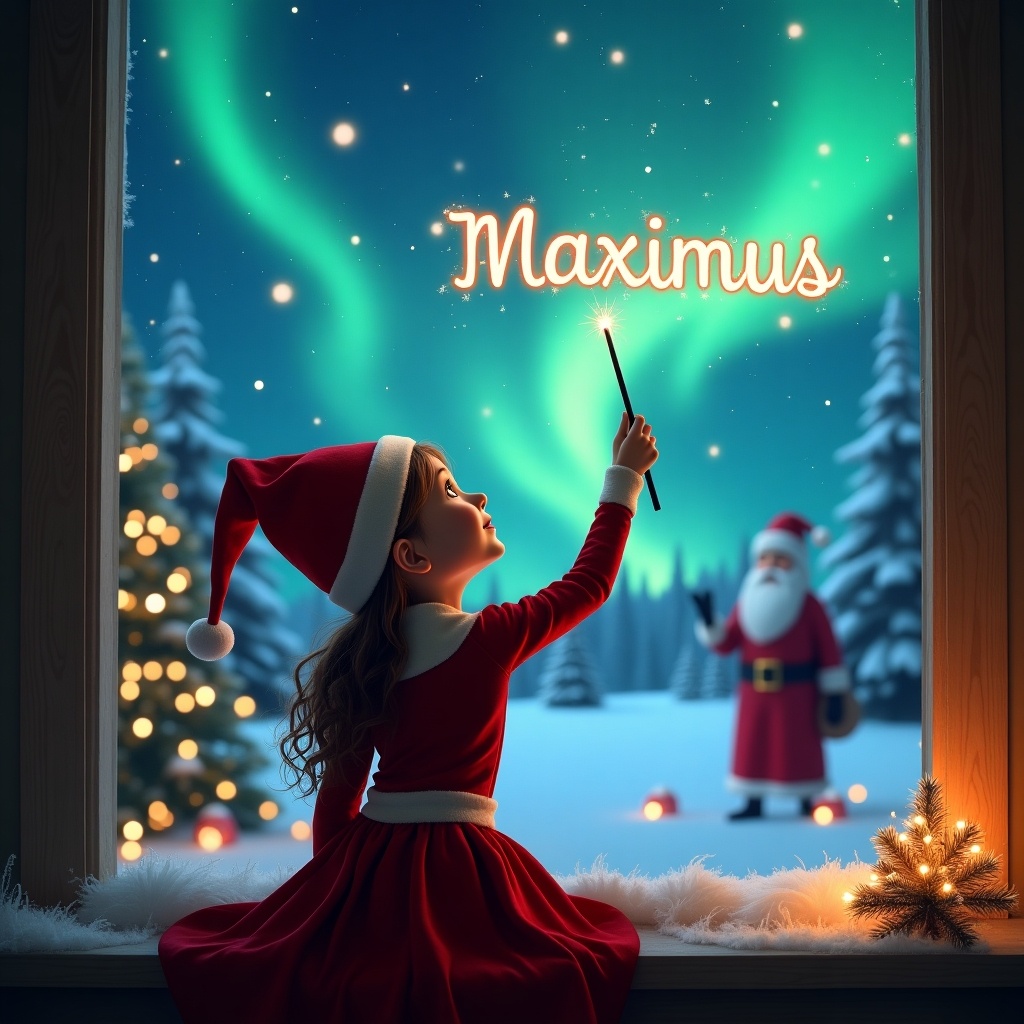 A scene showcasing a girl dressed as an elf, sitting by a window. She is turning her back to the viewer, gazing upwards in awe. With a wand in hand, she is writing the name 'Maximus' in the sky. The background features a stunning display of northern lights in a magical Christmas setting. Outside the window, Santa Claus can be seen in the distance, adding to the holiday cheer. The room is warmly decorated, creating a cozy atmosphere filled with festive spirit.