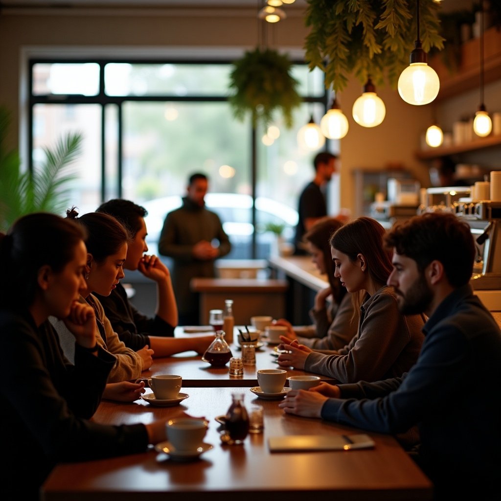 A cozy coffee shop scene where a group of six people is gathered around a wooden table. They seem engaged in deep conversation, each person lost in thought or discussion. Soft ambient lighting creates a warm atmosphere, enhancing the inviting feel of the cafe. The background features a barista preparing drinks, while plants hang from the ceiling, adding a touch of nature. This image encapsulates the essence of modern cafe culture, blending social interaction with relaxation.