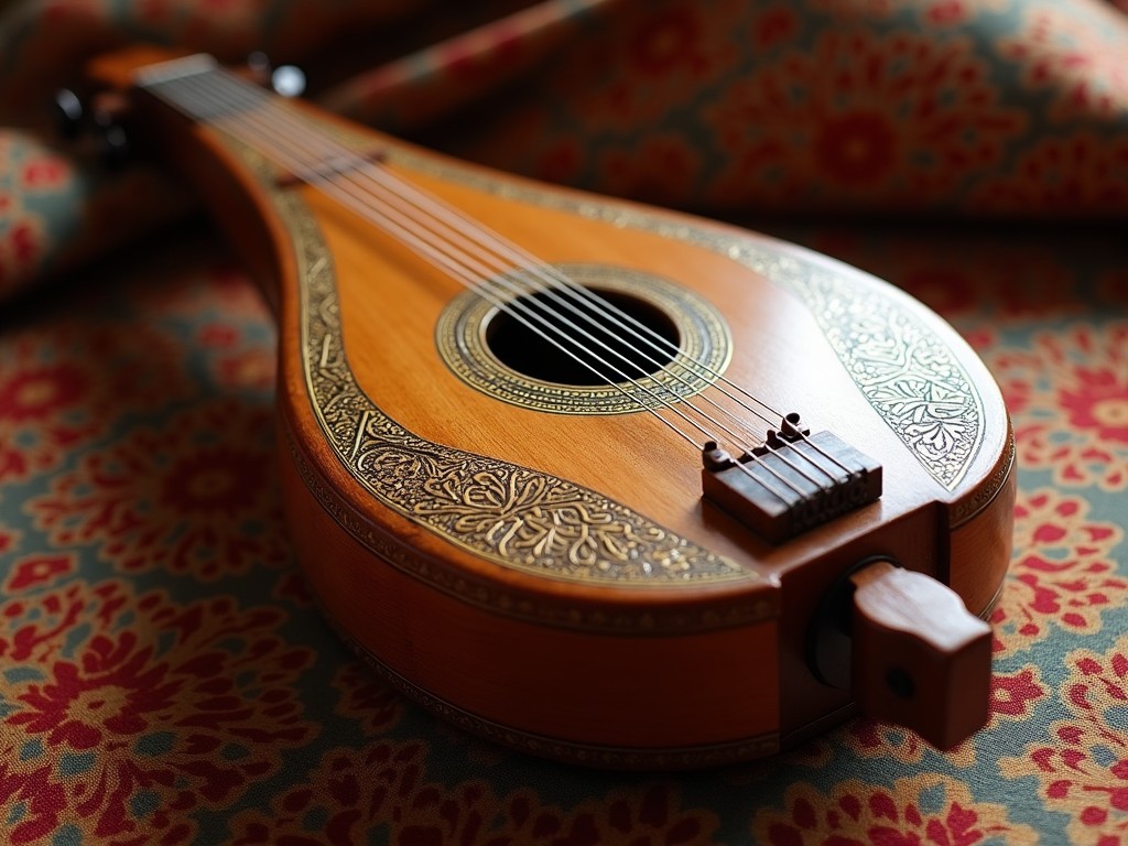 A beautifully crafted lute with intricate engravings rests on a patterned fabric background. The wood's warmth radiates in the soft lighting, highlighting its fine details and craftsmanship. Its curves and craftsmanship reflect a blend of artistry and functionality. The contrasting colors of the fabric complement the lute's natural tones. This scene evokes a sense of cultural richness and musical heritage.