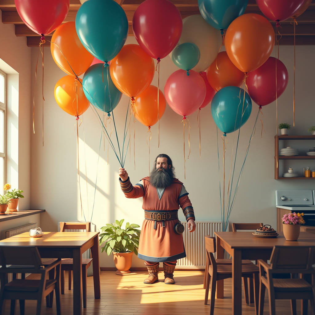 A man dressed as a Viking holds colorful balloons in a sunlit room with wooden furniture.