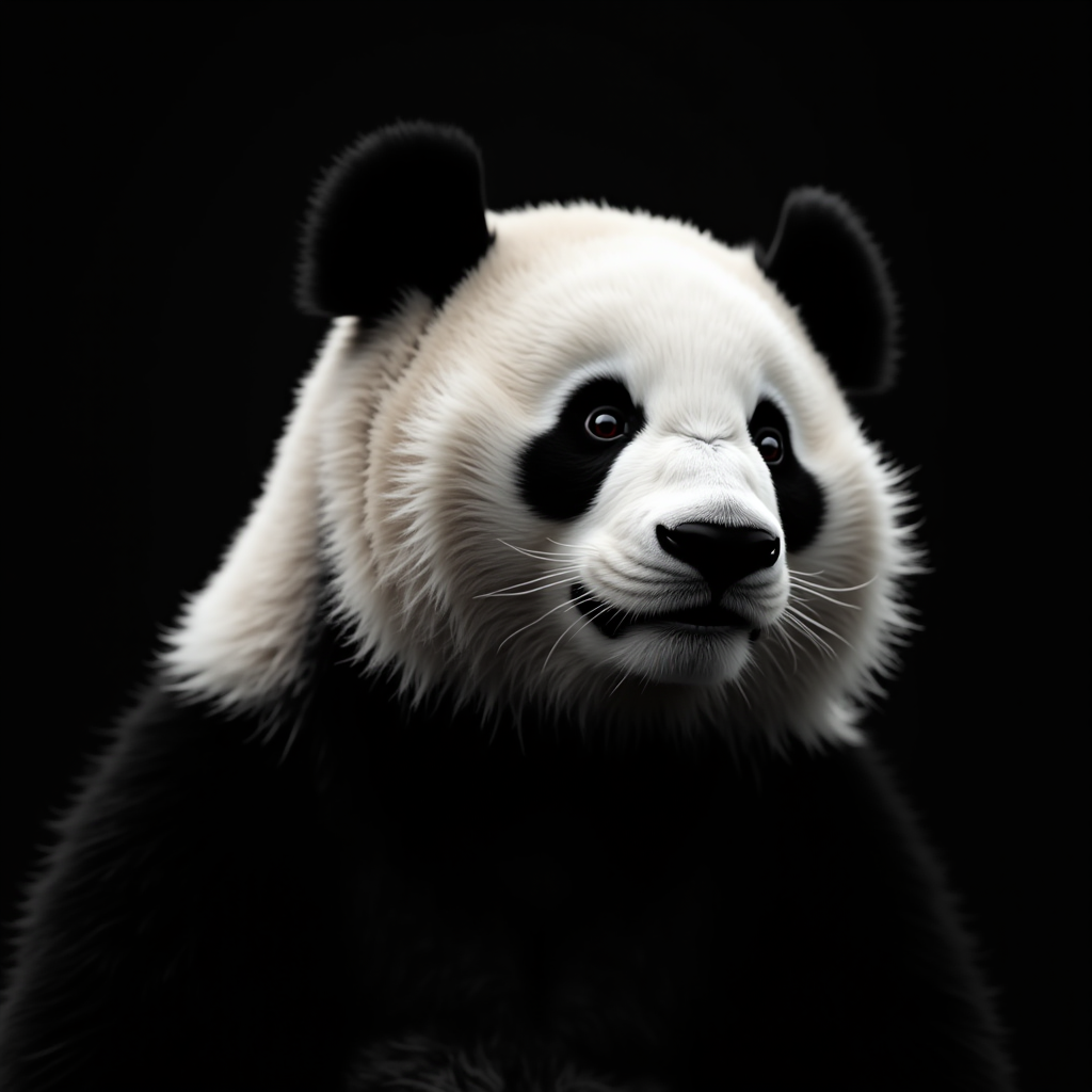 A close-up of a panda with a calm expression against a dark background.