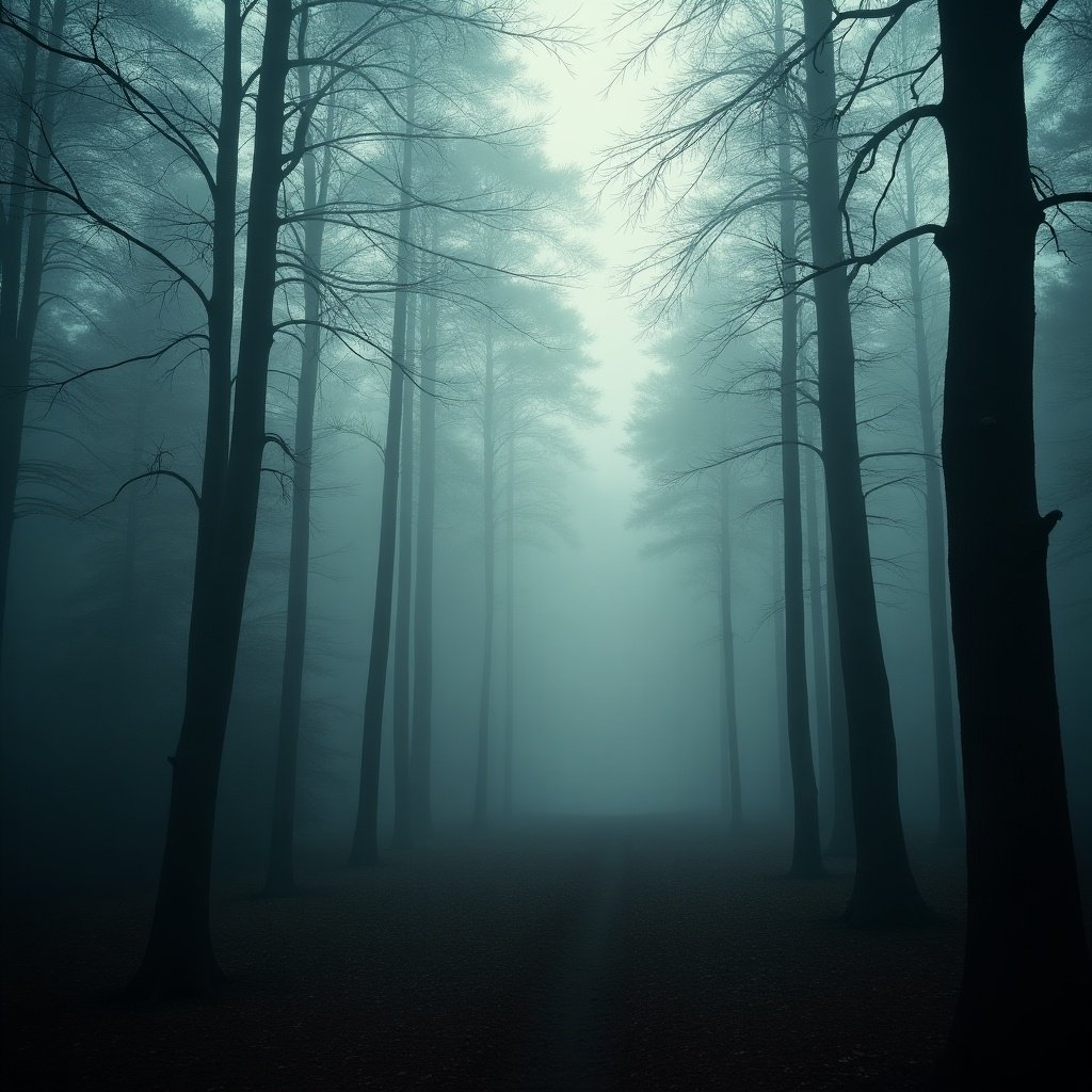 The image depicts a foggy forest with tall, dark trees. A narrow path leads through the fog, creating an atmosphere of mystery. The light is soft and diffused, enhancing the ethereal feel of the scene. The colors are muted, predominantly gray and dark green. This tranquil yet eerie environment invites viewers to explore deeper into the woods.