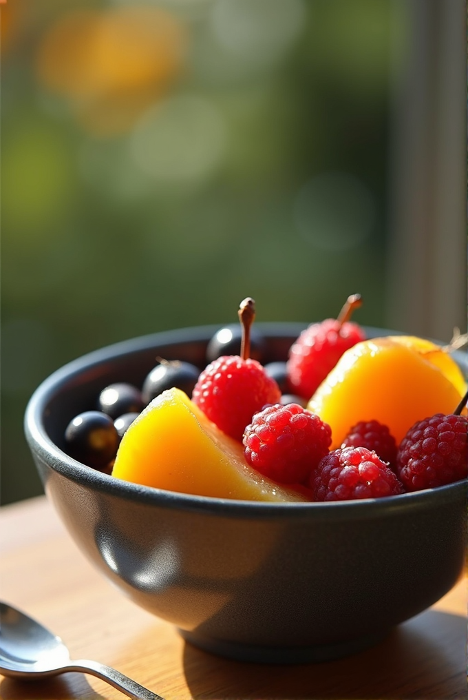 A bowl of fresh fruit with vibrant raspberries, black grapes, and juicy mango pieces, bathed in warm natural light on a wooden table.