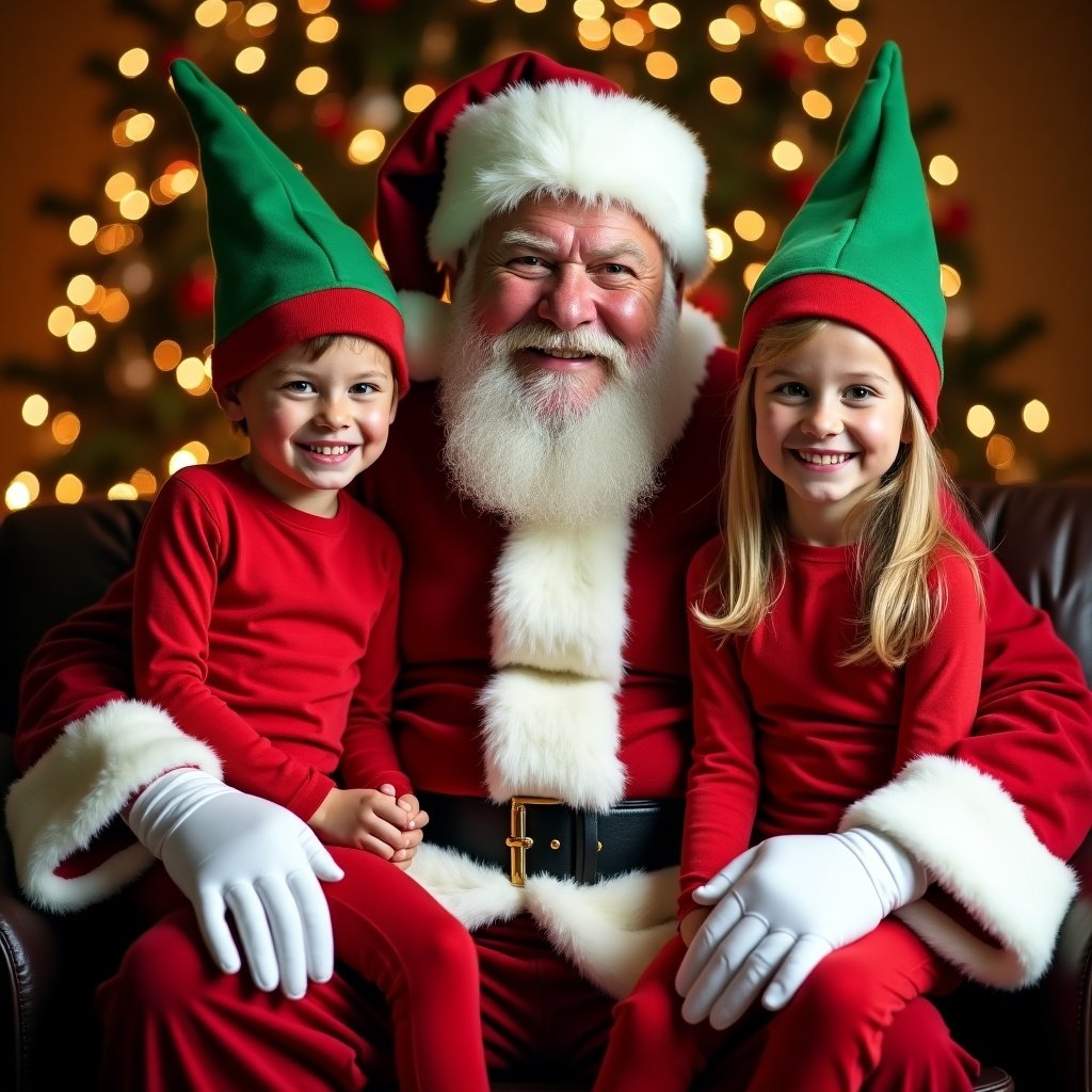 This image features Santa Claus sitting in a cozy setting with two kids who are dressed as elves. They are all smiling, embodying the joyful spirit of Christmas. The background includes a beautifully decorated Christmas tree filled with twinkling lights. The warm lighting enhances the festive mood of the scene. Santa, in his traditional red suit and white beard, looks delighted to be with the children. This composition captures a perfect holiday moment that families cherish during Christmas.