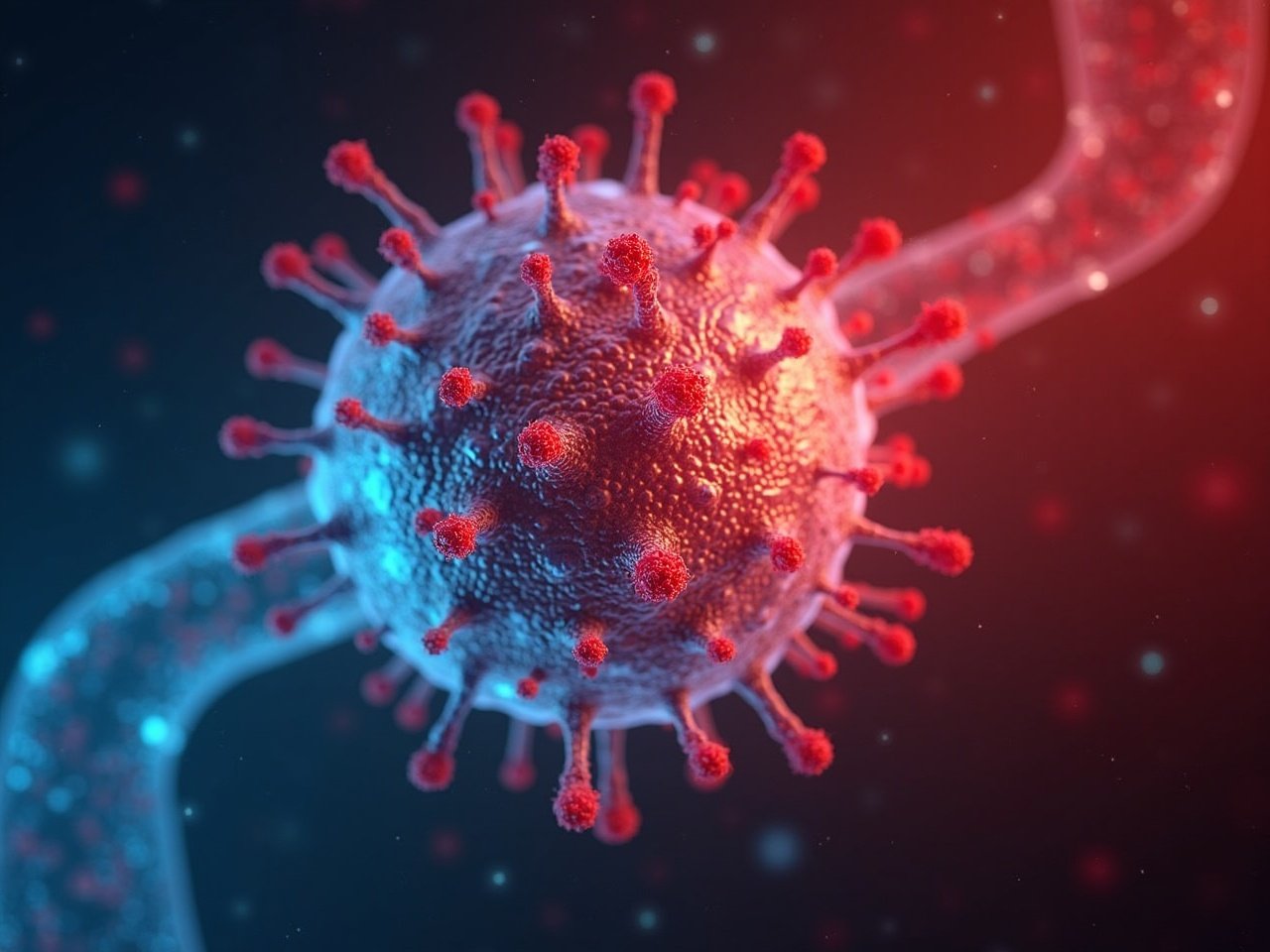 a 3D rendered close-up view of a virus particle with red spikes and a blue background