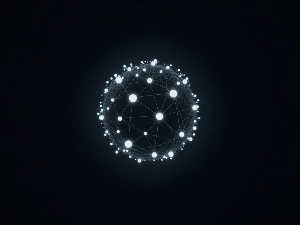 a glowing network sphere on a dark background, representing digital connections and futuristic technology