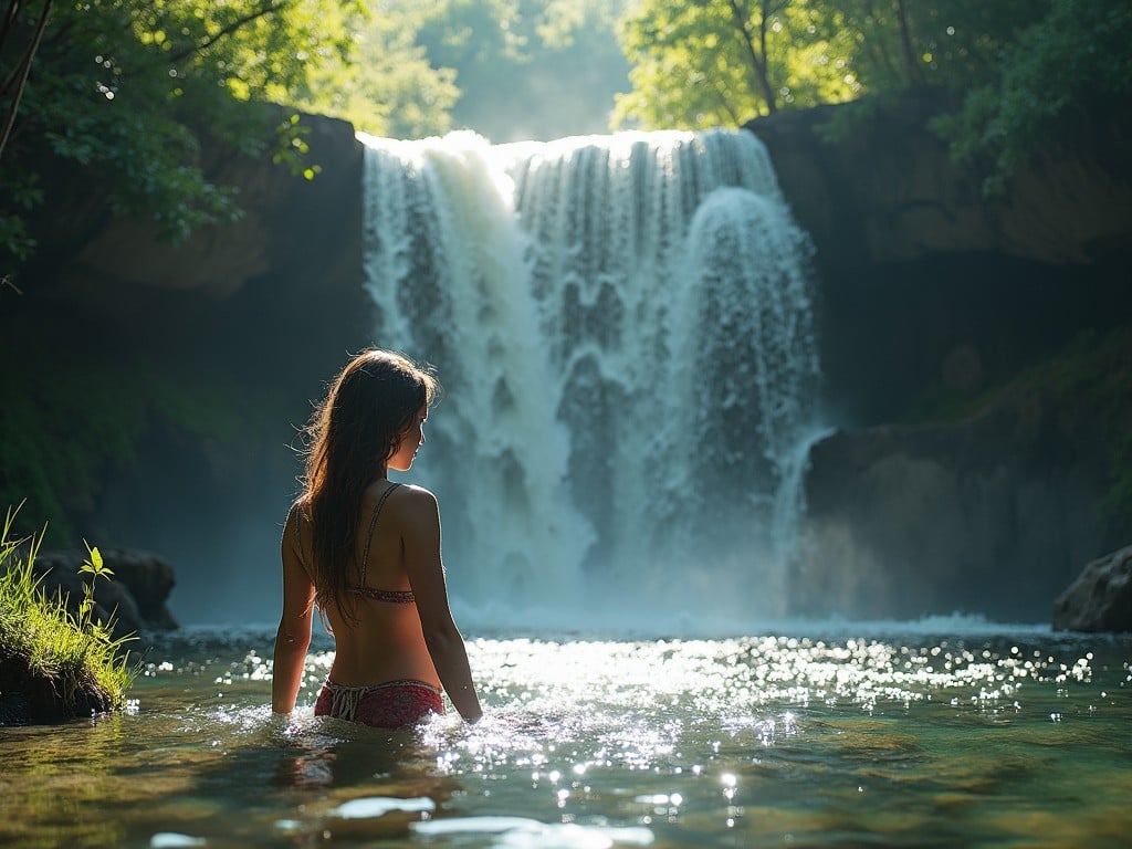 La imagen muestra a una mujer de espaldas en un entorno natural. Ella se encuentra en aguas poco profundas, disfrutando de un momento de paz. Al fondo, hay una hermosa cascada que fluye con fuerza. La luz del sol brilla a través de los árboles, creando un ambiente mágico. La escena evoca una sensación de tranquilidad y conexión con la naturaleza.