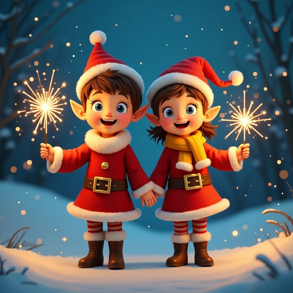 This whimsical image features twin pixie elves celebrating Christmas. They are a boy and girl, aged 3, with brown hair and blue eyes. The boy, Rexton-Ray, and the girl, Raigan-Tiger, are joyfully holding sparklers in their hands. Both wear festive red outfits complete with Santa hats and bright yellow scarves. The background showcases a winter wonderland with soft snow and twinkling lights in the sky. The atmosphere is filled with magic and holiday cheer, perfect for capturing the joy of the season.