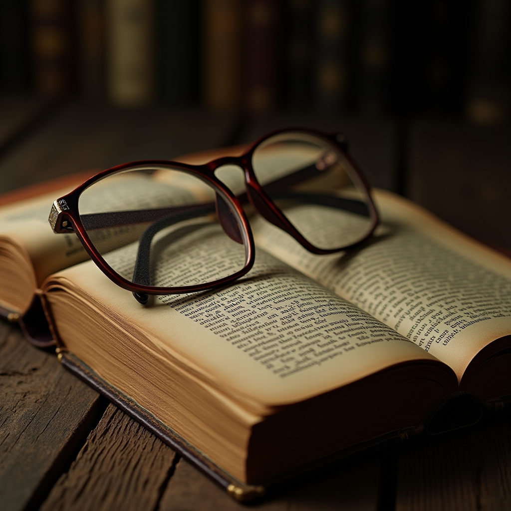 A pair of eyeglasses rests on an open book on a wooden table, with blurred bookshelves in the background, evoking a sense of quiet contemplation and study.