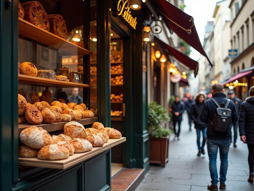 A cozy street view of a coffee shop with freshly baked bread on a wooden shelf, warm lighting, and passersby in a blurred background.