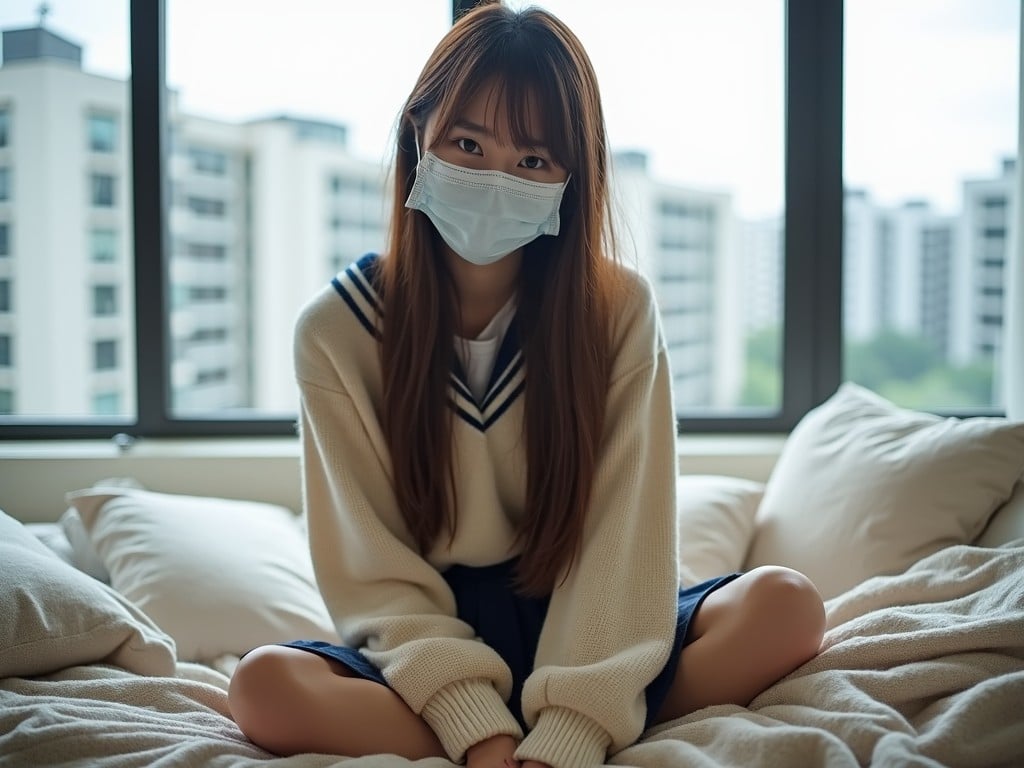 The image features a young woman sitting on a bed in a cozy room. She is wearing a school uniform with a sweater and a skirt, and has long, straight hair. The woman is playfully wearing a face mask, partially covering her face, and looking at the camera with a hint of a smile. In the background, large windows reveal a view of buildings outside, indicating an urban setting. The bed is unmade, with pillows and blankets visible, adding to the relaxed atmosphere of the scene.