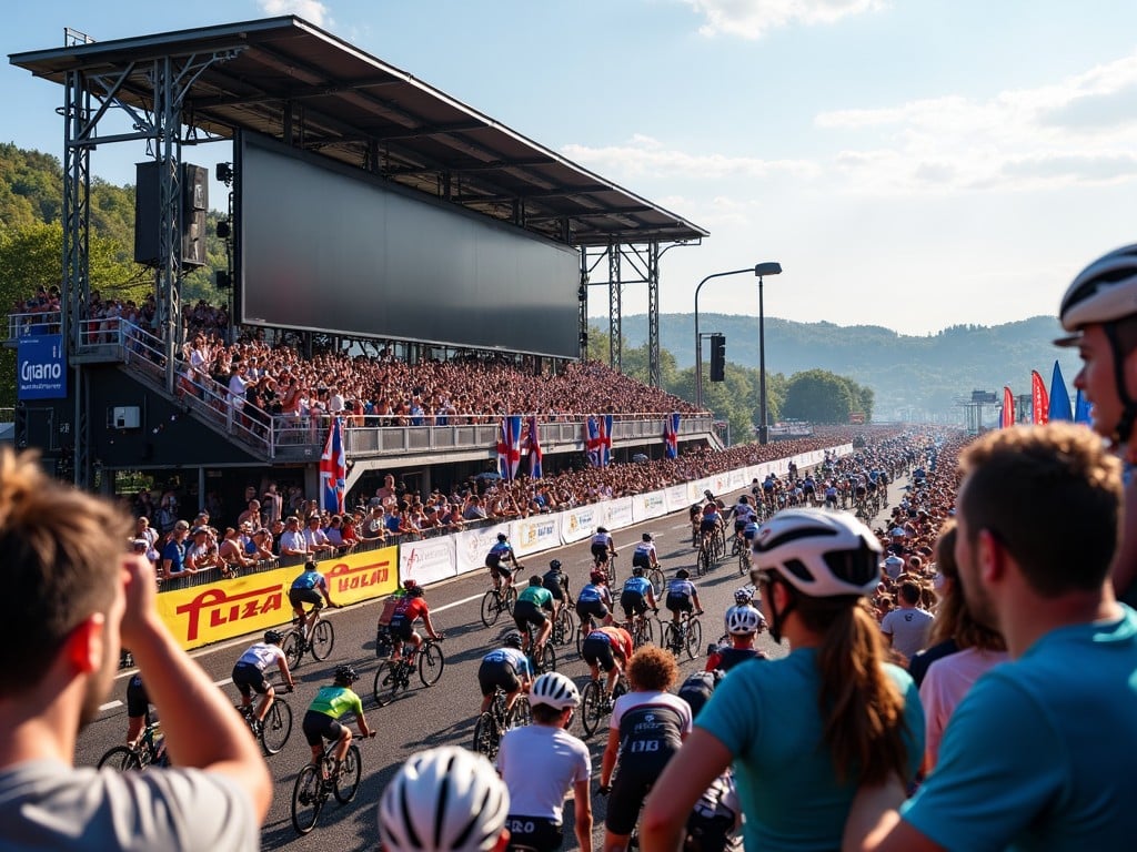 The image captures a vibrant cycling race scene. Cyclists are speeding down a street while a large crowd watches from a grandstand. The atmosphere is filled with excitement and energy. The scene is set on a bright sunny day with clear skies. Flags and banners line the route, contributing to the festive feel.