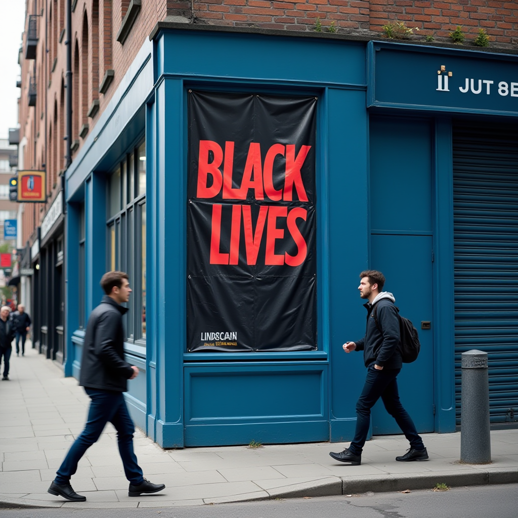 A city street featuring a large 'BLACK LIVES' banner on a blue building; pedestrians walk by.