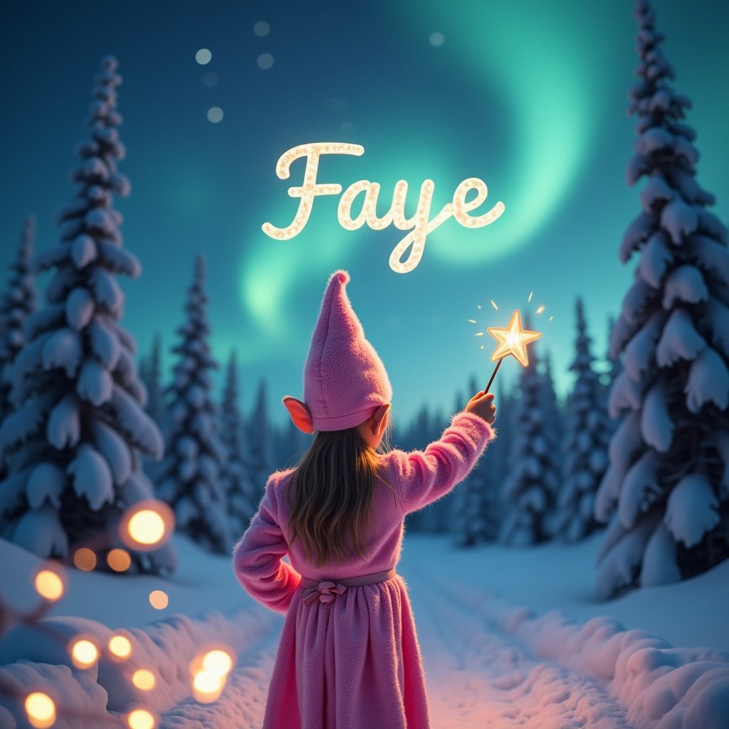 This image captures a scene of a little girl in a pink elf costume standing with her back to the viewer. She is gazing up at the sky, using a wand to write the name 'Faye' in the air. The enchanting northern lights illuminate the winter landscape, which features snow-covered trees. In the foreground, twinkling lights add a cozy and festive ambiance. The overall atmosphere is cheerful and perfect for the holiday season.