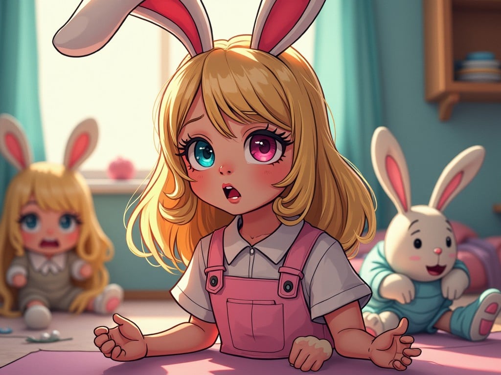 A cute anime-style illustration of a blonde girl wearing pink overalls and bunny ears, surrounded by plush toys in a cozy room. The setting is bright with a magical, whimsical feel.