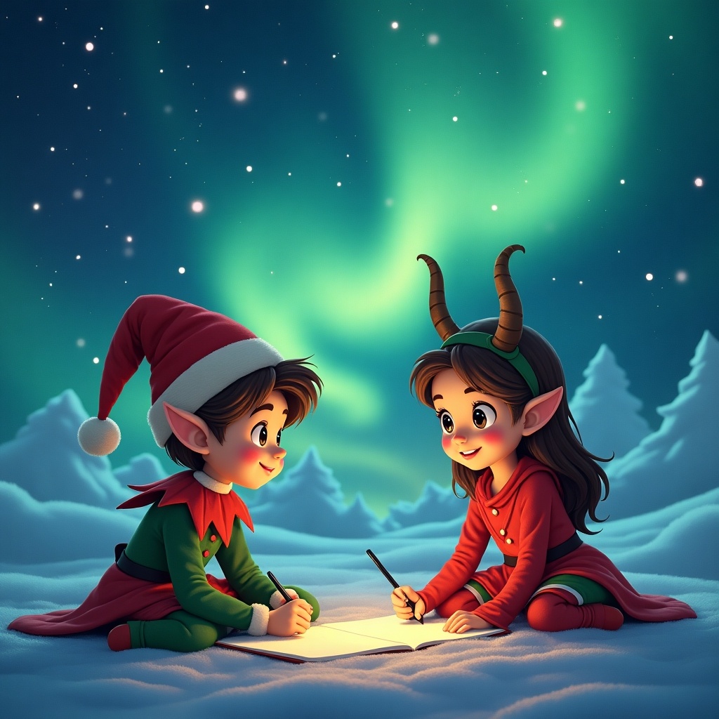 This image features two charming children dressed as elves, sitting on a snowy landscape. They are joyfully writing on a piece of paper, illuminated by the enchanting glow of the northern lights overhead. The boy, wearing a classic red and green elf outfit, has short brown hair and a cheerful expression. The girl, adorned with horns and a red dress, looks equally excited. The magical backdrop of swirling green and blue lights creates a festive and warm atmosphere. Snow-covered trees frame the scene, enhancing its whimsical feel.